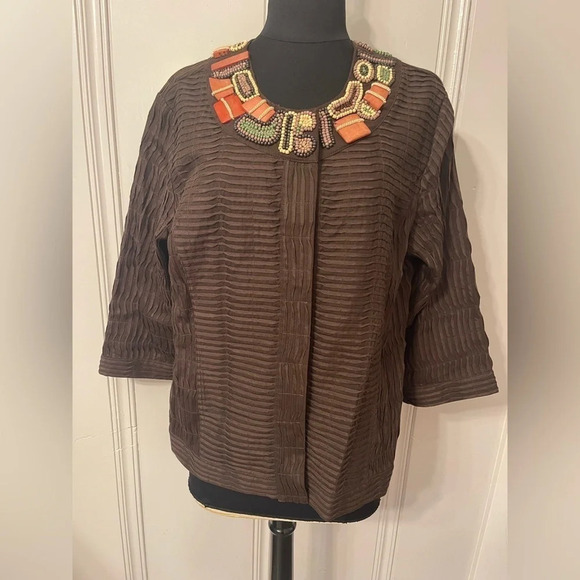 CHICO’S Textured Ribbon Stitch Chocolate Brown Beaded Jacket Size 2 / Medium‎ - Picture 1 of 9